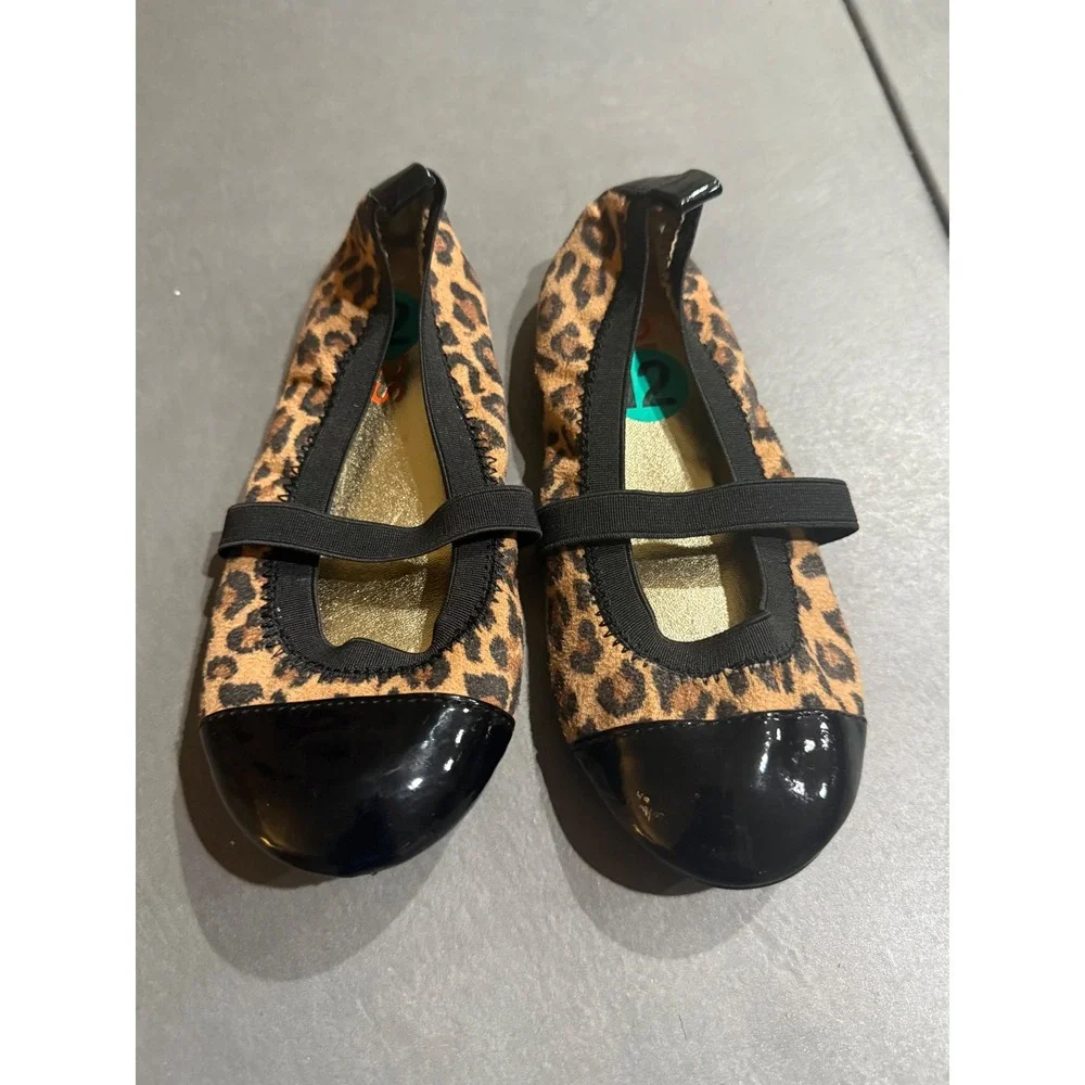 Michael Kors Girls Leopard Print Mary Jane Ballet Flats Black Cap Toe Size 12
